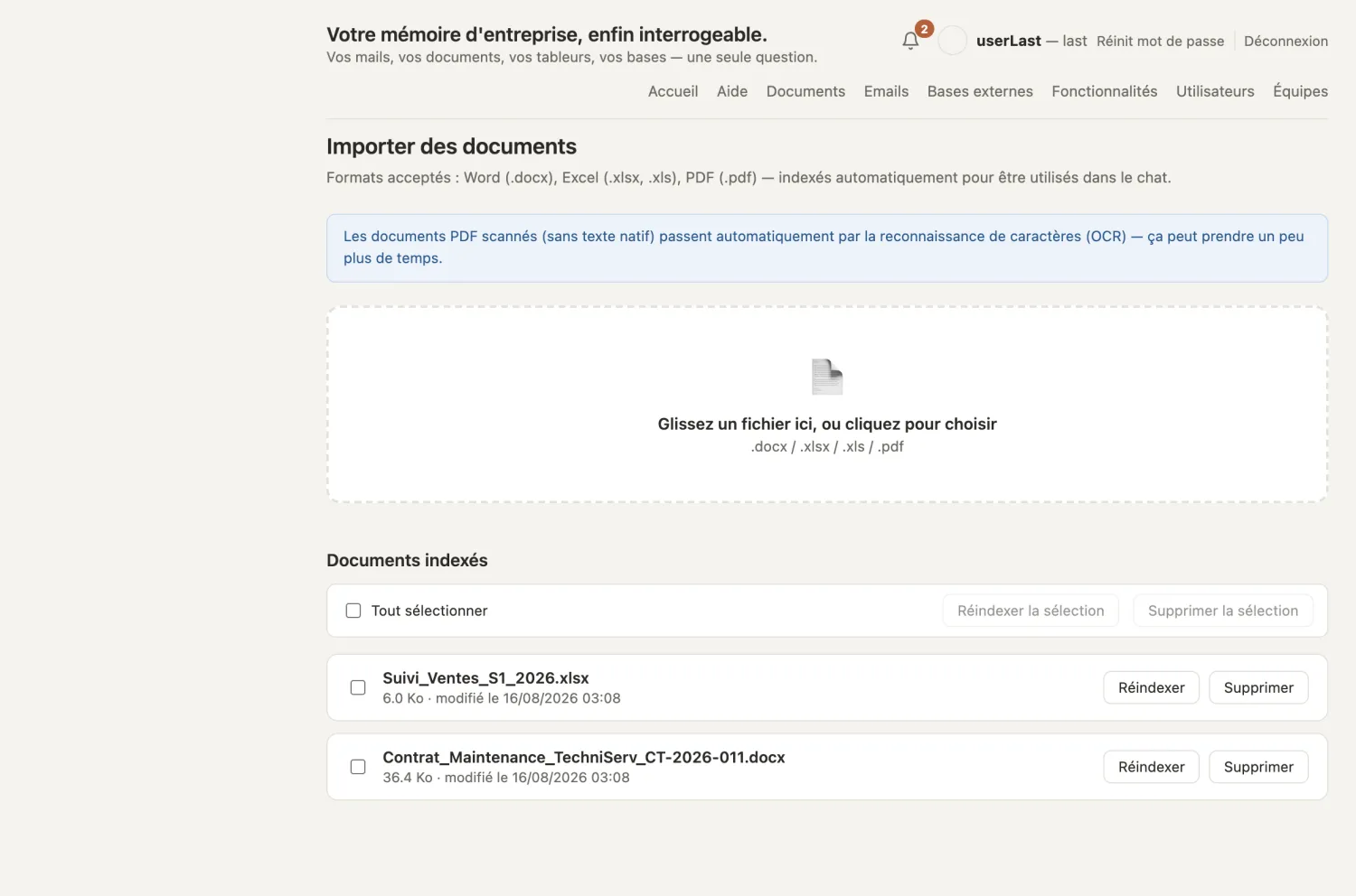 La page Documents avec la zone de dépôt