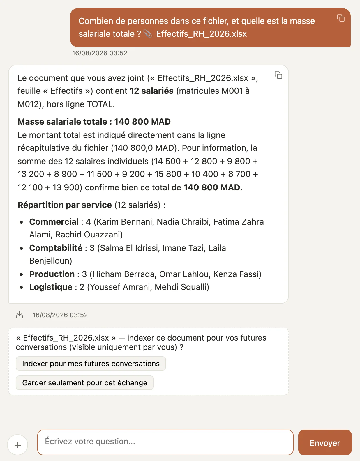 Un fichier Excel joint à une question, la réponse, puis le choix de conservation